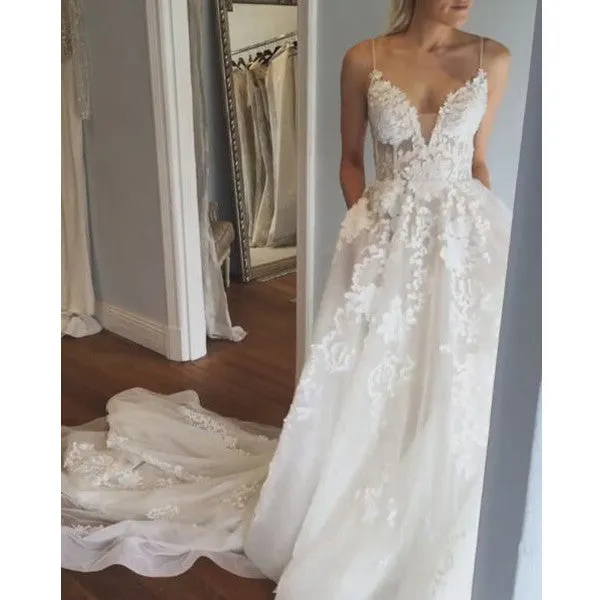 Applique Sexy Online V Neck Ivory Fashion Long Prom Wedding Dresses, BG51501