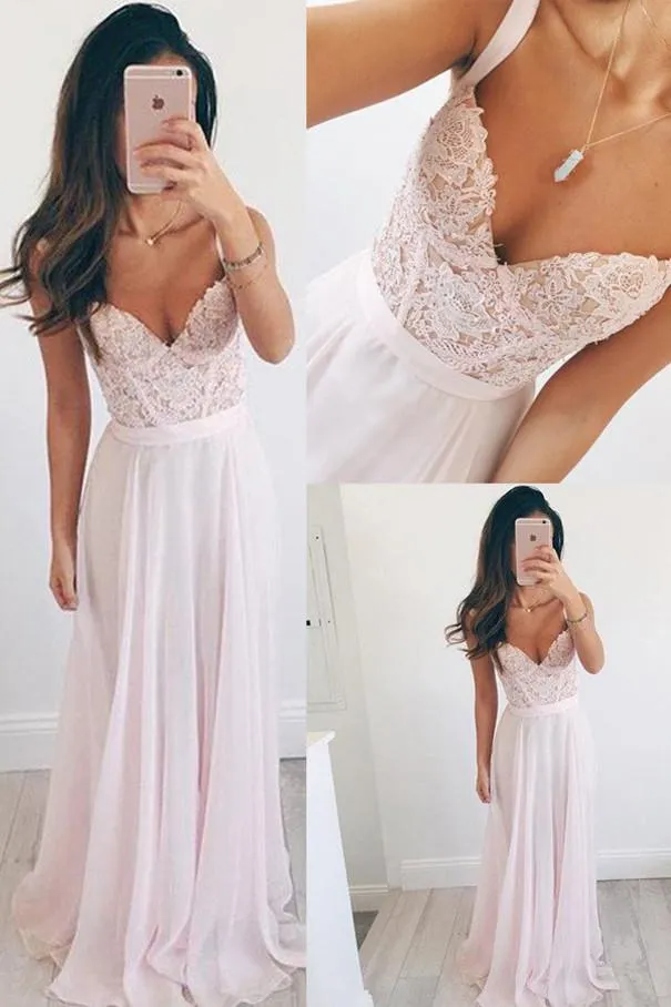 Baby Pink V-neck Chiffon Long Long Prom Dresses, Sleeveless Evening Dress, MP309