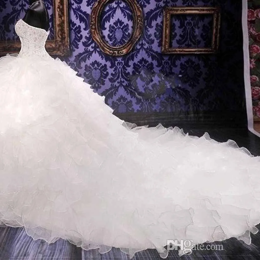 Ball Gown Sleeveless Sweetheart Chapel Train Beading Sequin Organza Wedding Dresses