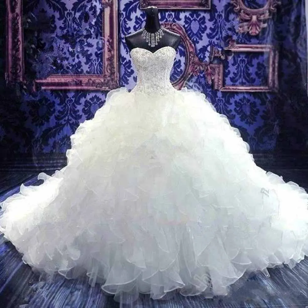 Ball Gown Sleeveless Sweetheart Chapel Train Beading Sequin Organza Wedding Dresses