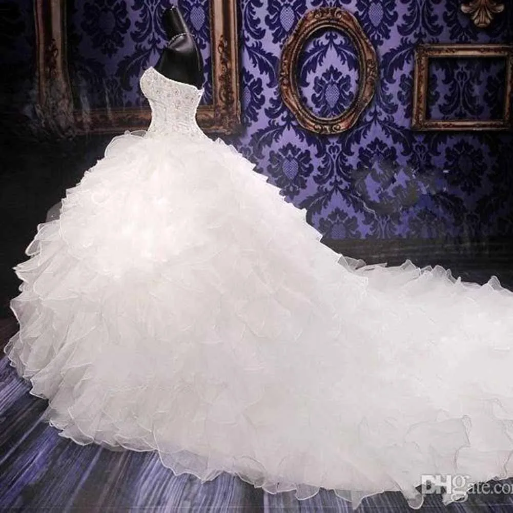 Ball Gown Sleeveless Sweetheart Chapel Train Beading Sequin Organza Wedding Dresses