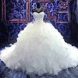 Ball Gown Sleeveless Sweetheart Chapel Train Beading Sequin Organza Wedding Dresses