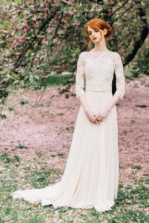Bateau Spring Wedding Dresses with Lace Sleeves