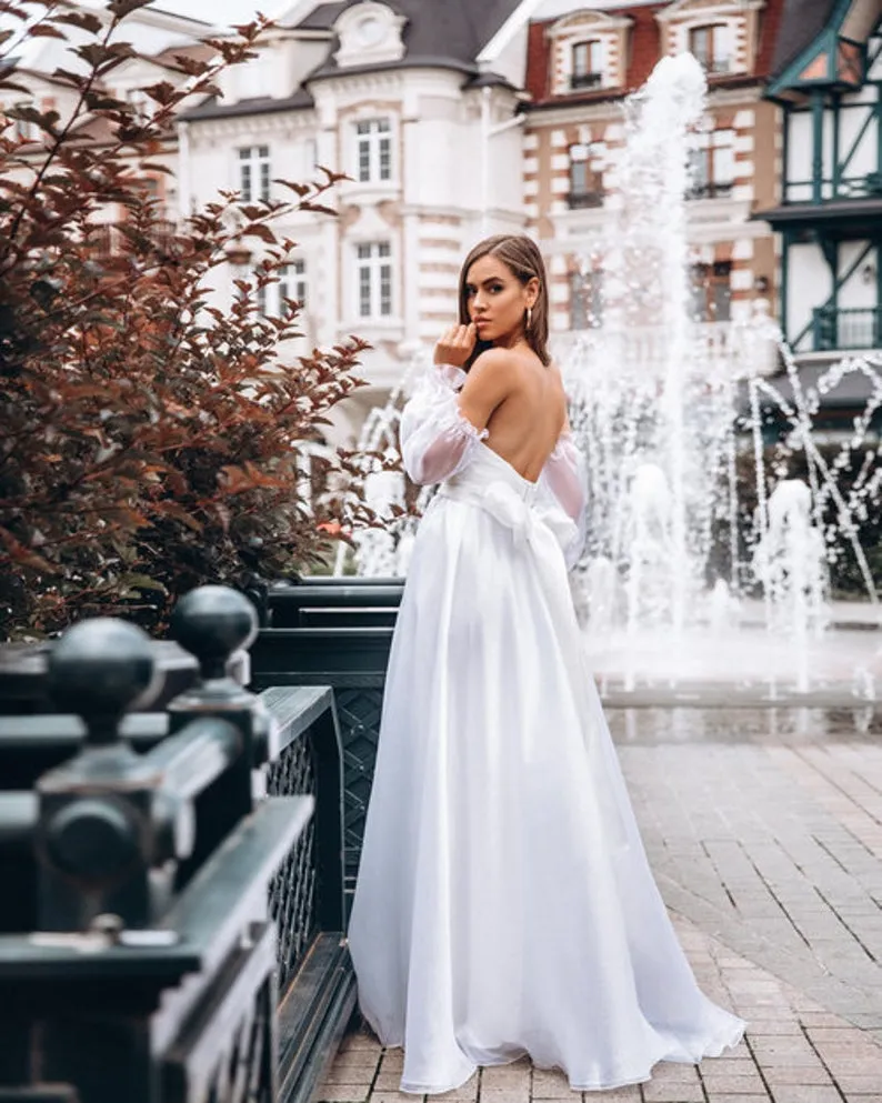 Beach Slit Wedding Dresses Boho Detachable Puffy Sleeves