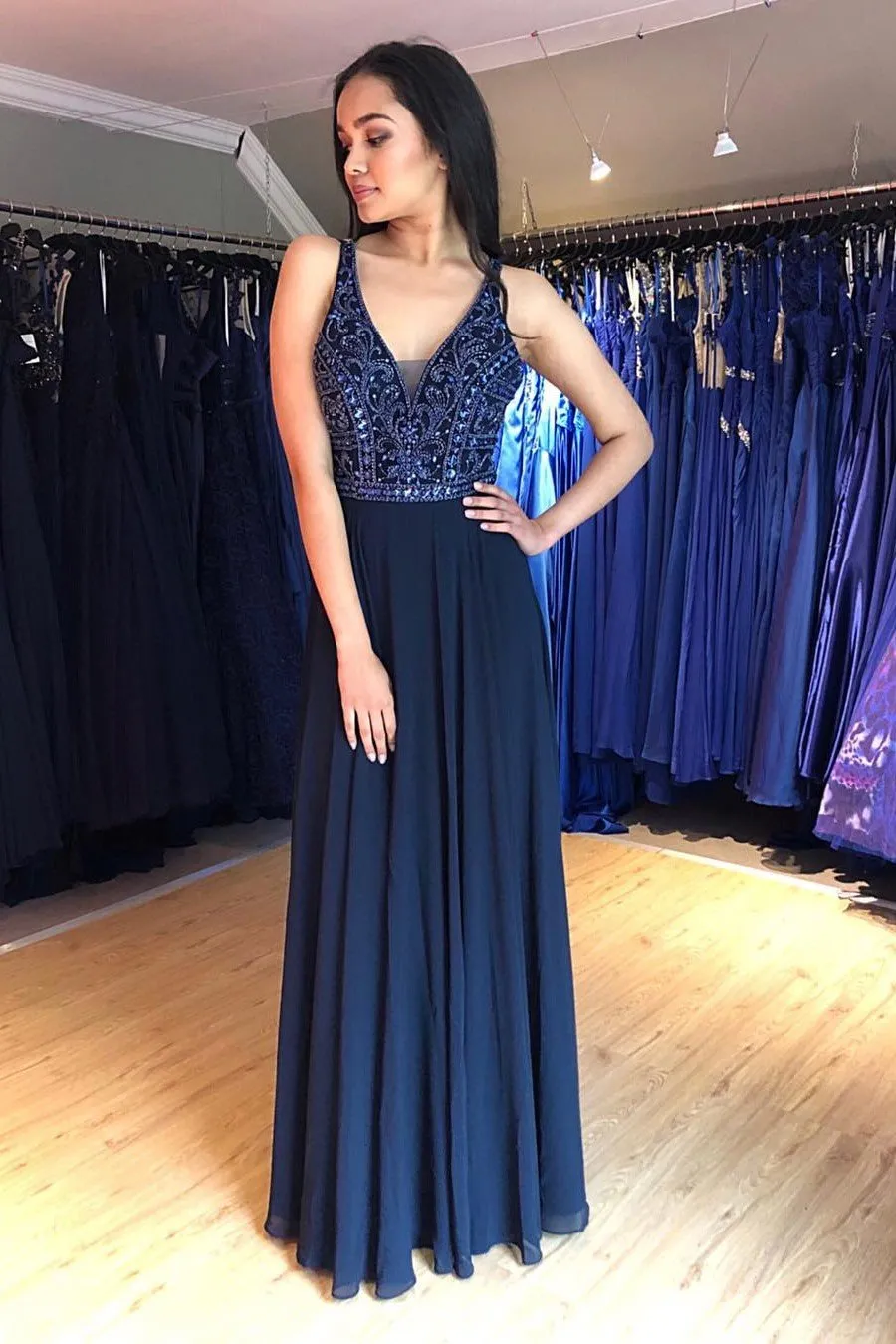 Beaded Bodice Navy Blue Prom Gown Chiffon Long Skirt