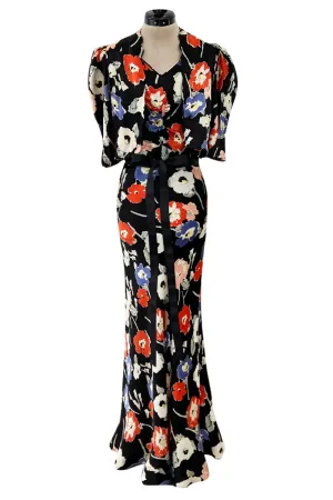 Beautiful 1930s Bias Cut Heavy Silk Satin Floral Print Dress w Scalloped Edged Jacket