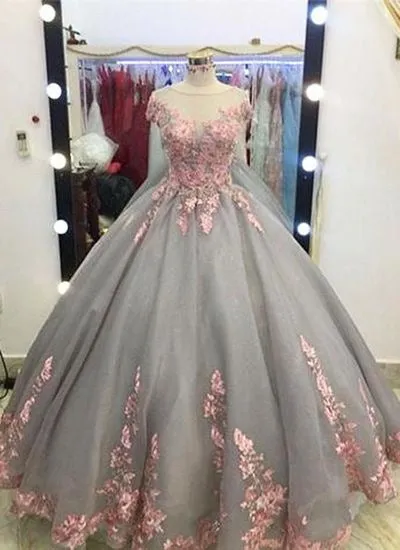 Beautiful Gray Quinceanera Dresses with Pink Lace Sheer Scoop Ball Gowns Sweet 16 Dress