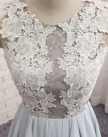 Beautiful Light Blue-Grey Chiffon Round Neckline Lace Elegant Formal Gowns, Prom Dresses, Chiffon Party Dresses