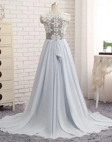 Beautiful Light Blue-Grey Chiffon Round Neckline Lace Elegant Formal Gowns, Prom Dresses, Chiffon Party Dresses