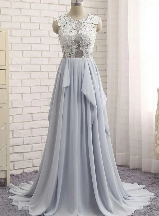 Beautiful Light Blue-Grey Chiffon Round Neckline Lace Elegant Formal Gowns, Prom Dresses, Chiffon Party Dresses