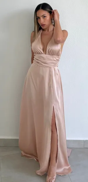 Beautiful Night Champagne Satin Long Dress