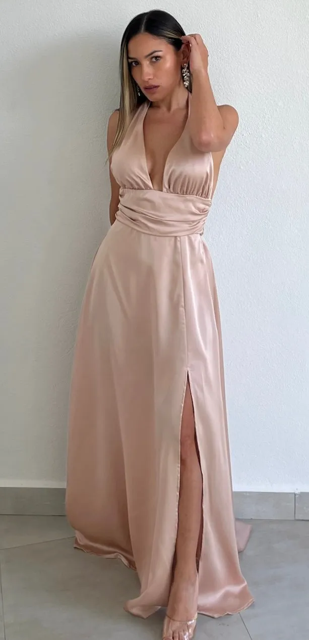 Beautiful Night Champagne Satin Long Dress
