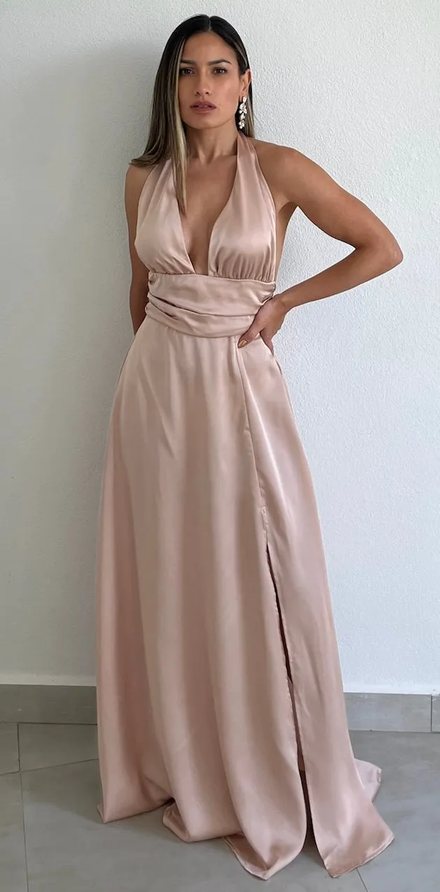 Beautiful Night Champagne Satin Long Dress