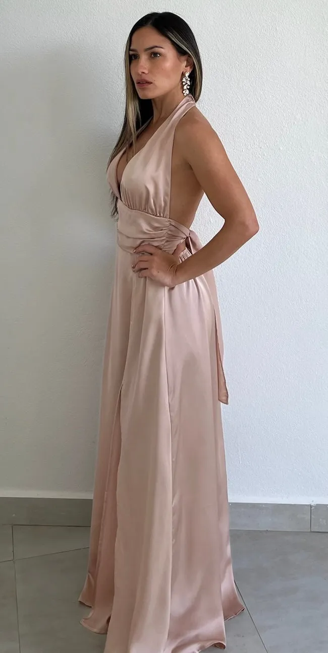 Beautiful Night Champagne Satin Long Dress