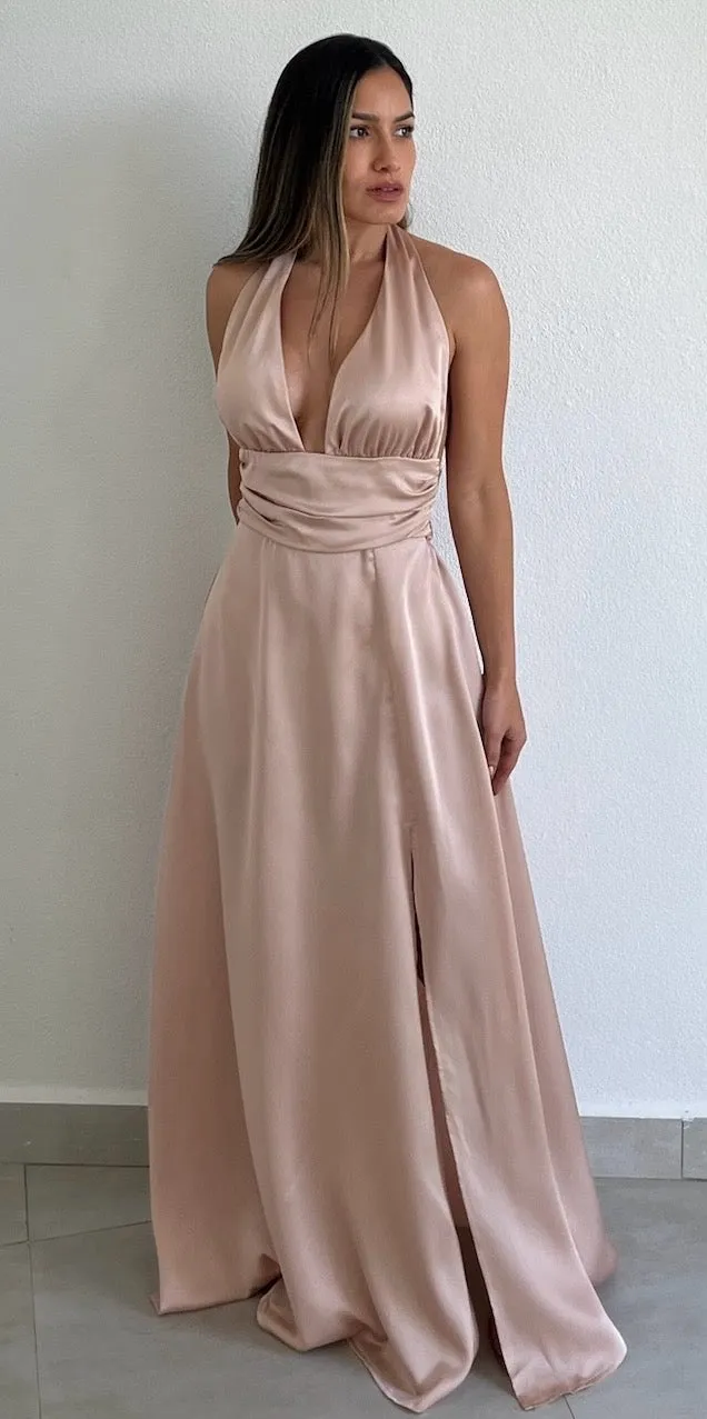 Beautiful Night Champagne Satin Long Dress