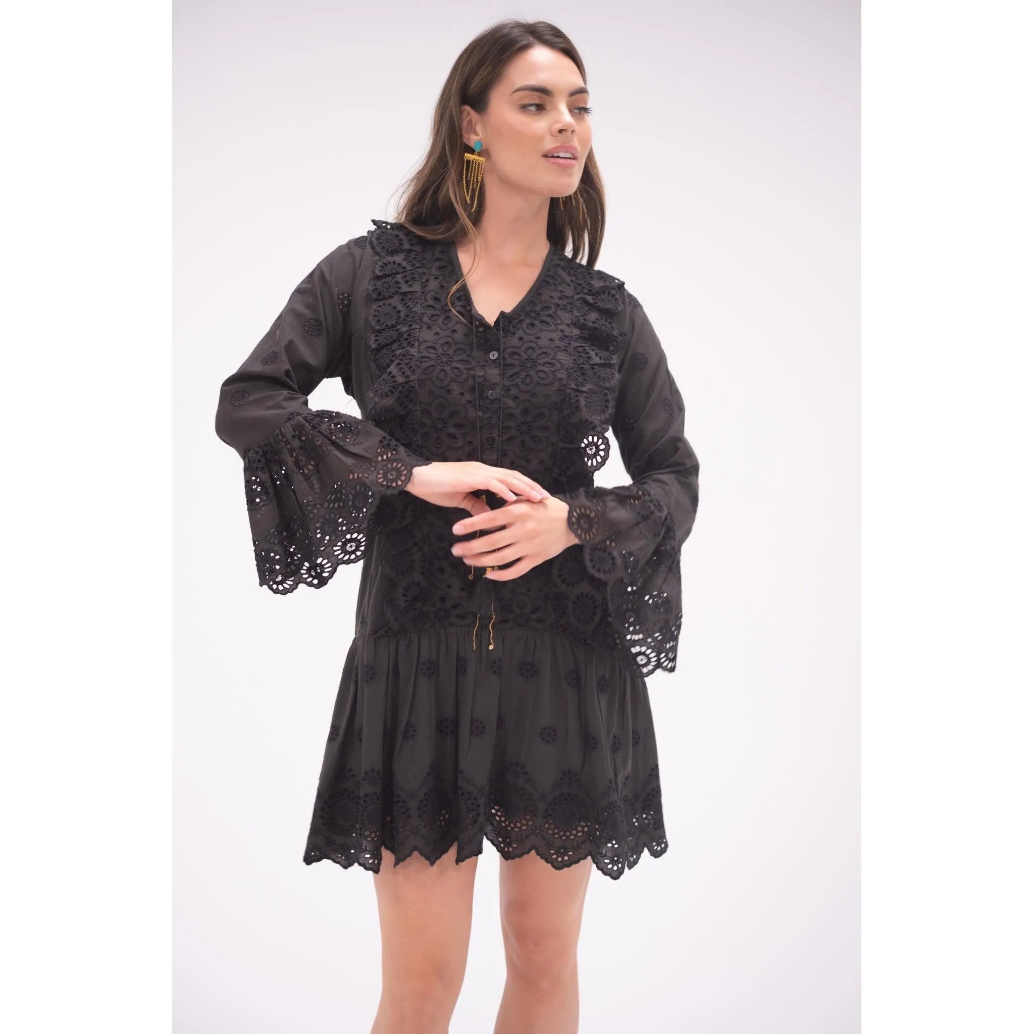 Black Eyelet Flounce Dress