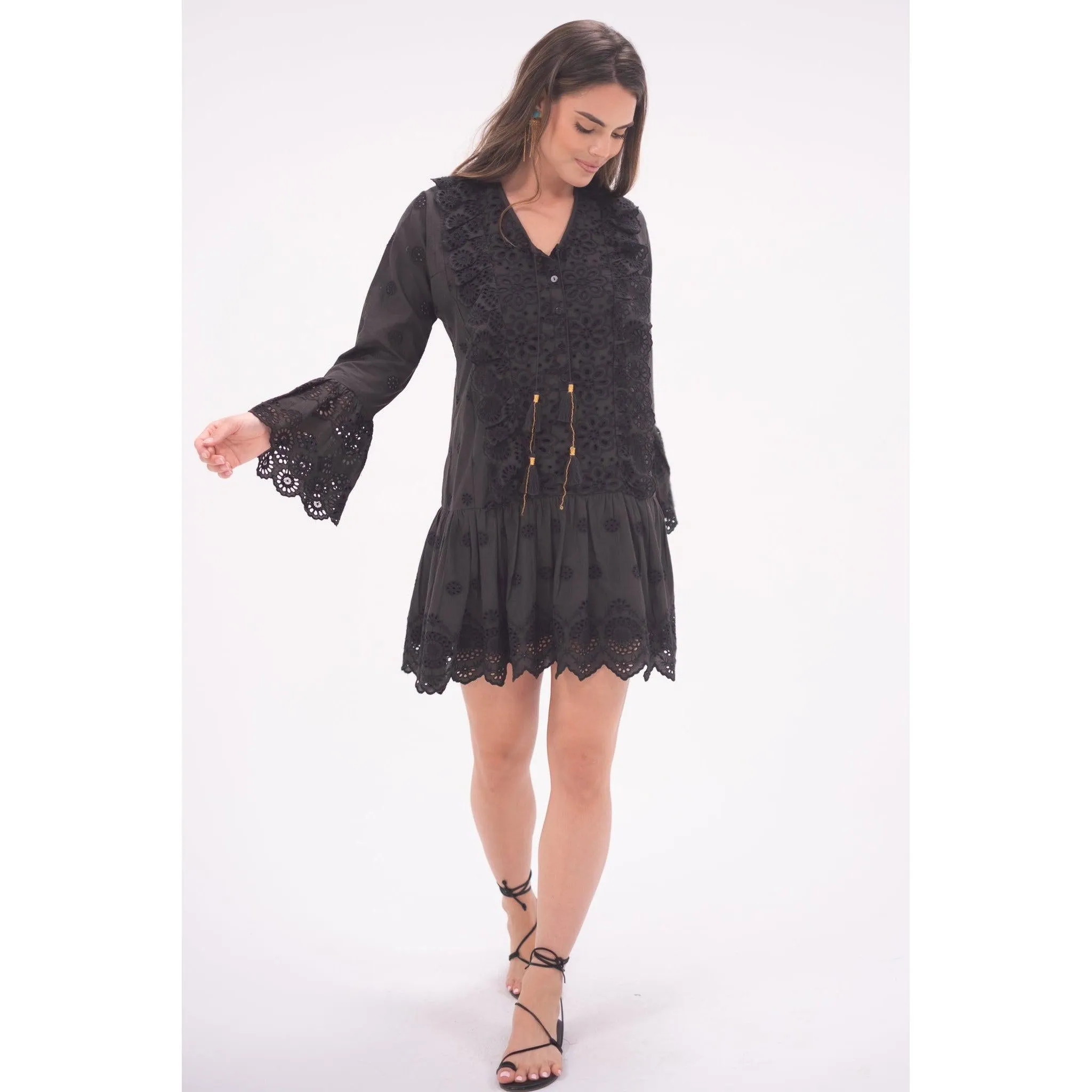Black Eyelet Flounce Dress