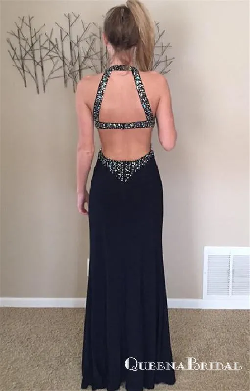 Black Halter Long Cheap  Beaded Prom Dresses With Side Slit, QB0657