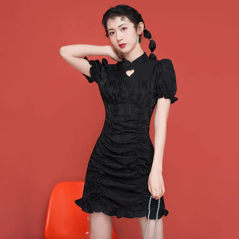 BLACK HOLLOW LOVE SATIN DRESS UB2733