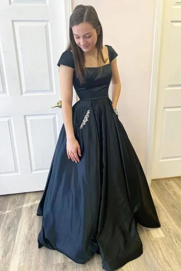 Black Satin A-line Cap Sleeves Open Black Prom Dresses With Pockets, MP825