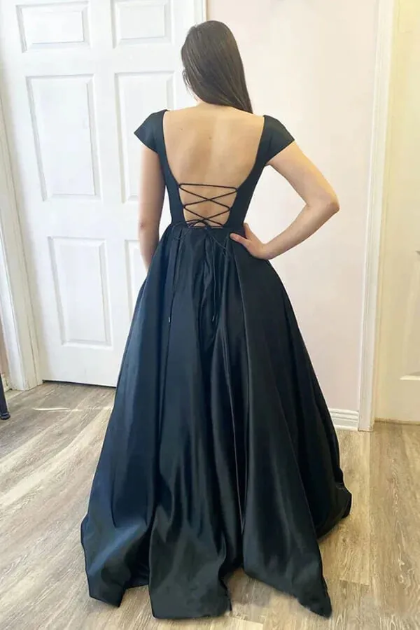Black Satin A-line Cap Sleeves Open Black Prom Dresses With Pockets, MP825
