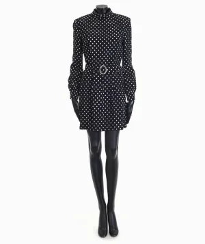 Black Short Polka Dot Dress - Crystal Embellished Belt