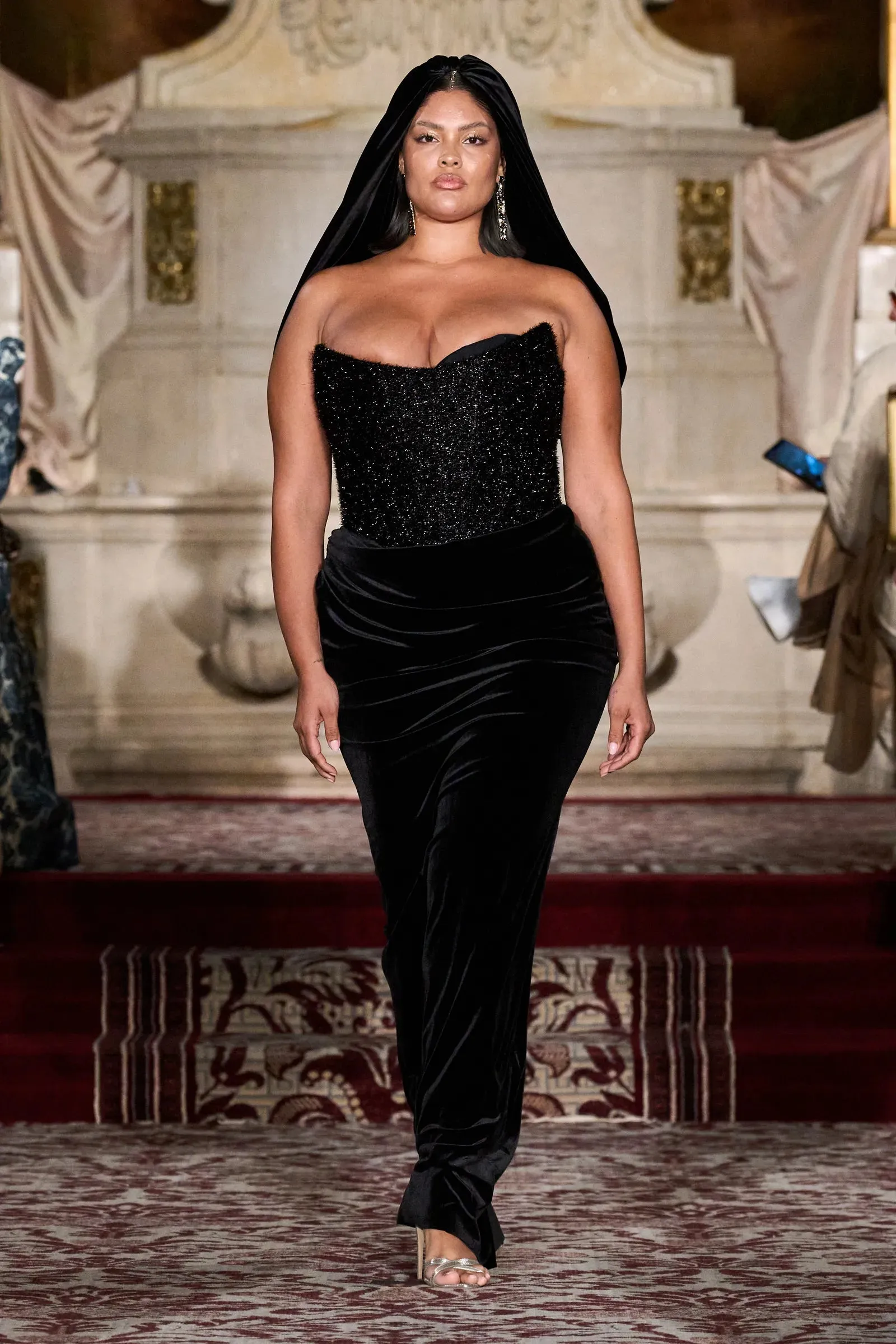 Black Tinsel and Velvet Corset Draped Gown