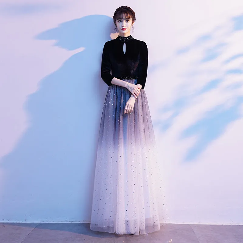 Black Velvet High Neckline Gradient Tulle Floor Length Party Dress, A-line Simple Bridesmaid Dresses