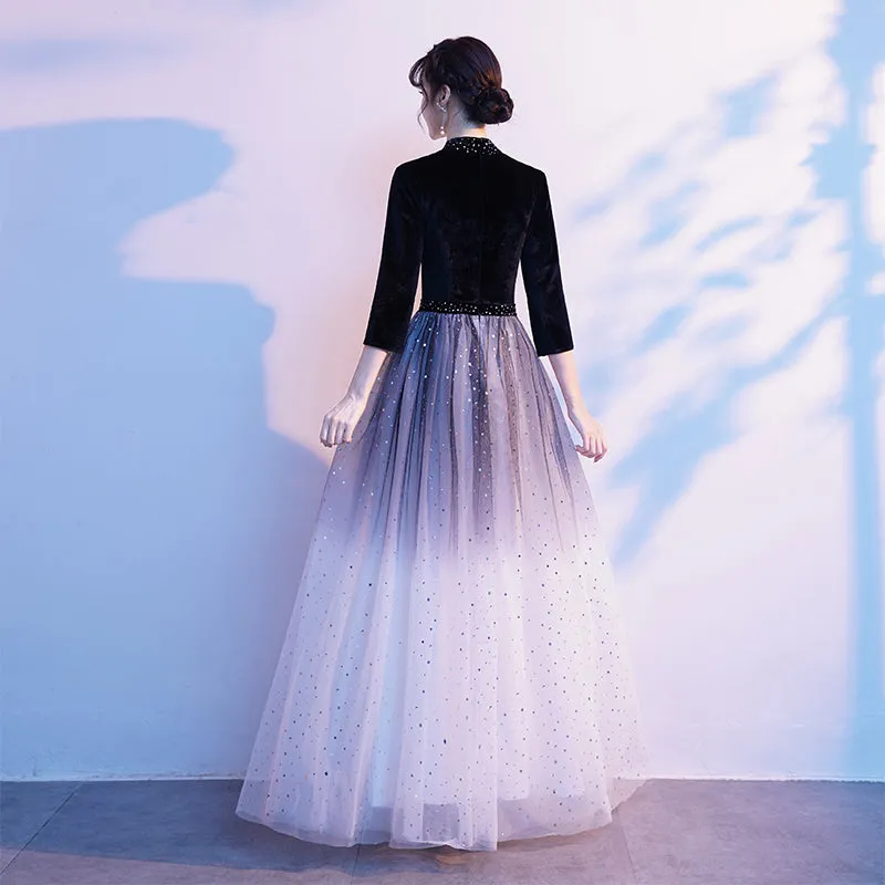 Black Velvet High Neckline Gradient Tulle Floor Length Party Dress, A-line Simple Bridesmaid Dresses