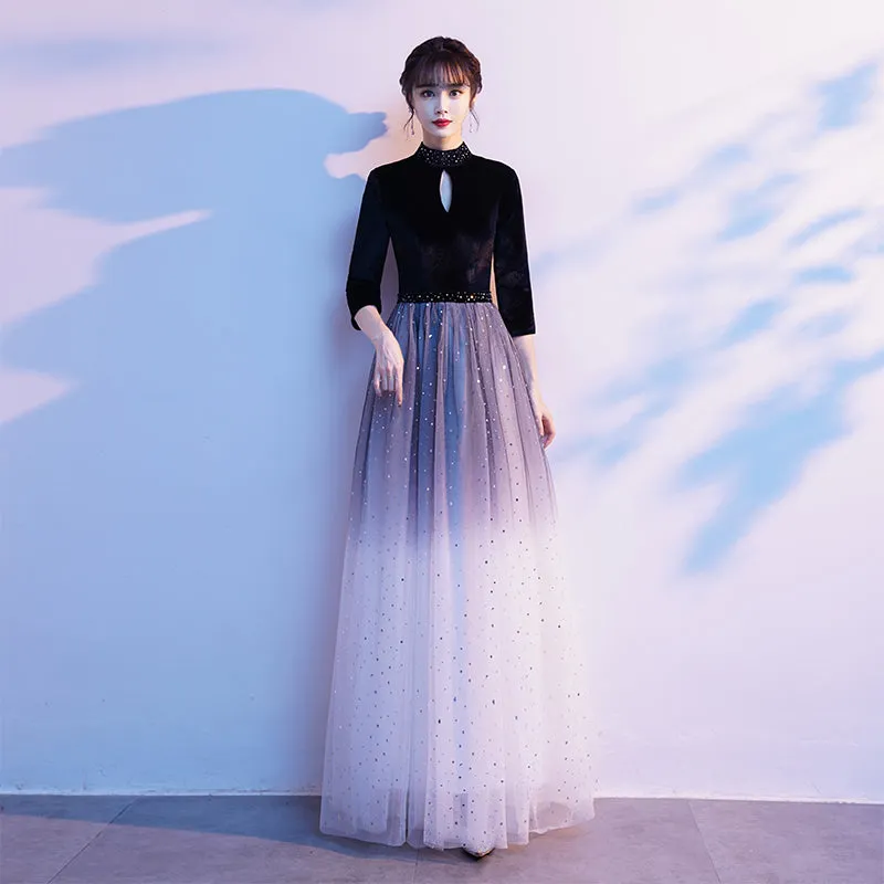 Black Velvet High Neckline Gradient Tulle Floor Length Party Dress, A-line Simple Bridesmaid Dresses
