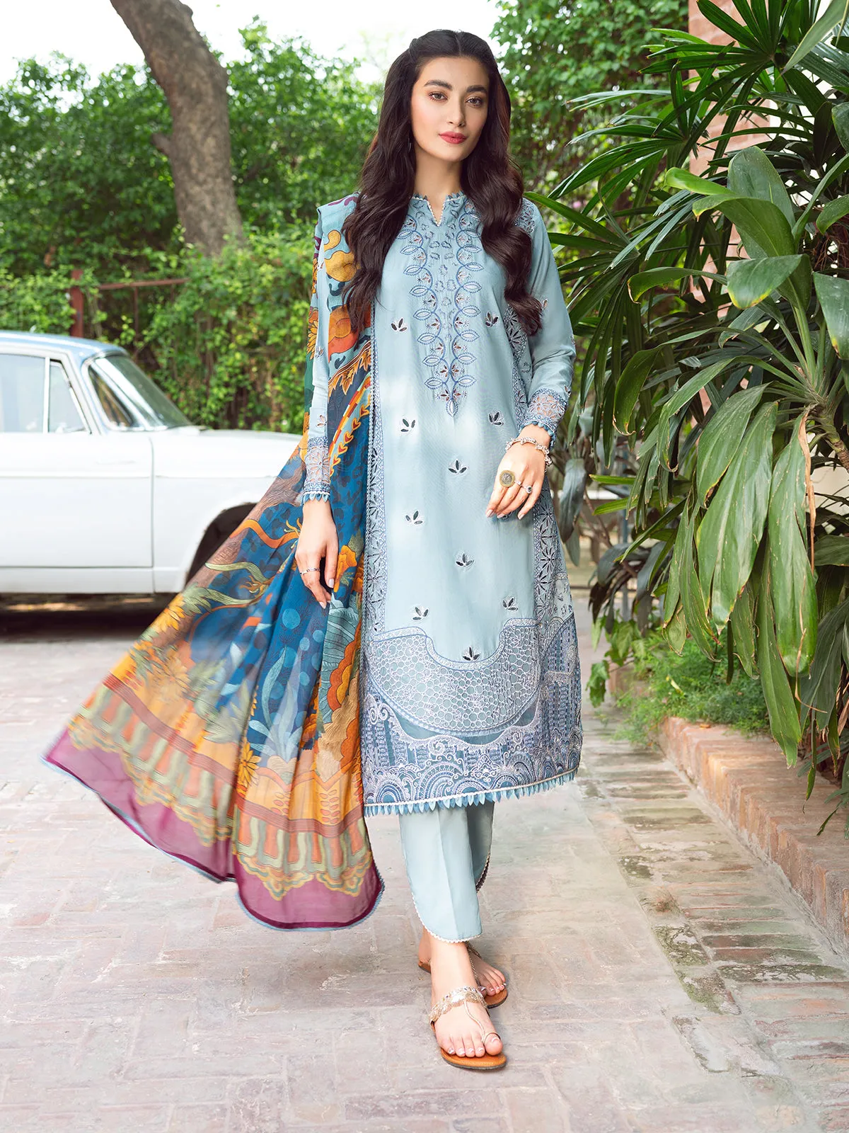 Blue Lawn Dress Pakistani in Kameez and Trouser Style