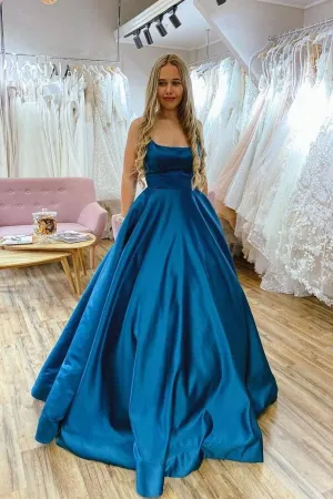Blue Satin A-line Backless Scoop Simple Prom Dresses, Party Dresses, MP815