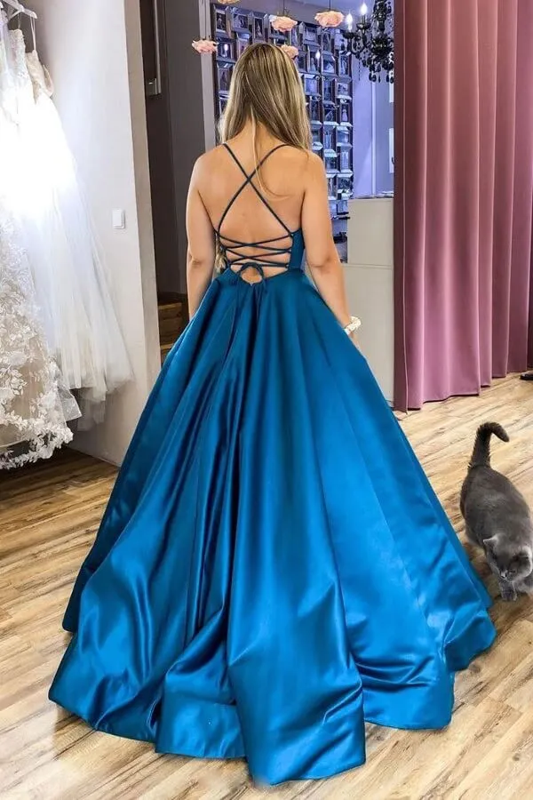 Blue Satin A-line Backless Scoop Simple Prom Dresses, Party Dresses, MP815