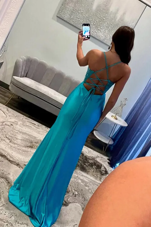 Blue Satin Mermaid Spaghetti Straps Lace Appliques Prom Dress With Slit, SLP065