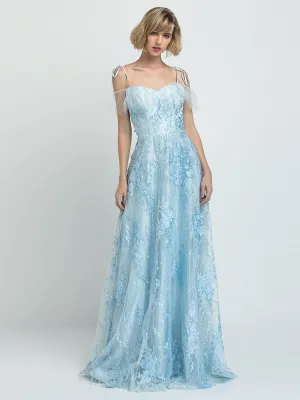 Blue Sweatheart Neckline Floral Prom Dress Floor Length Tulle Dress 2024