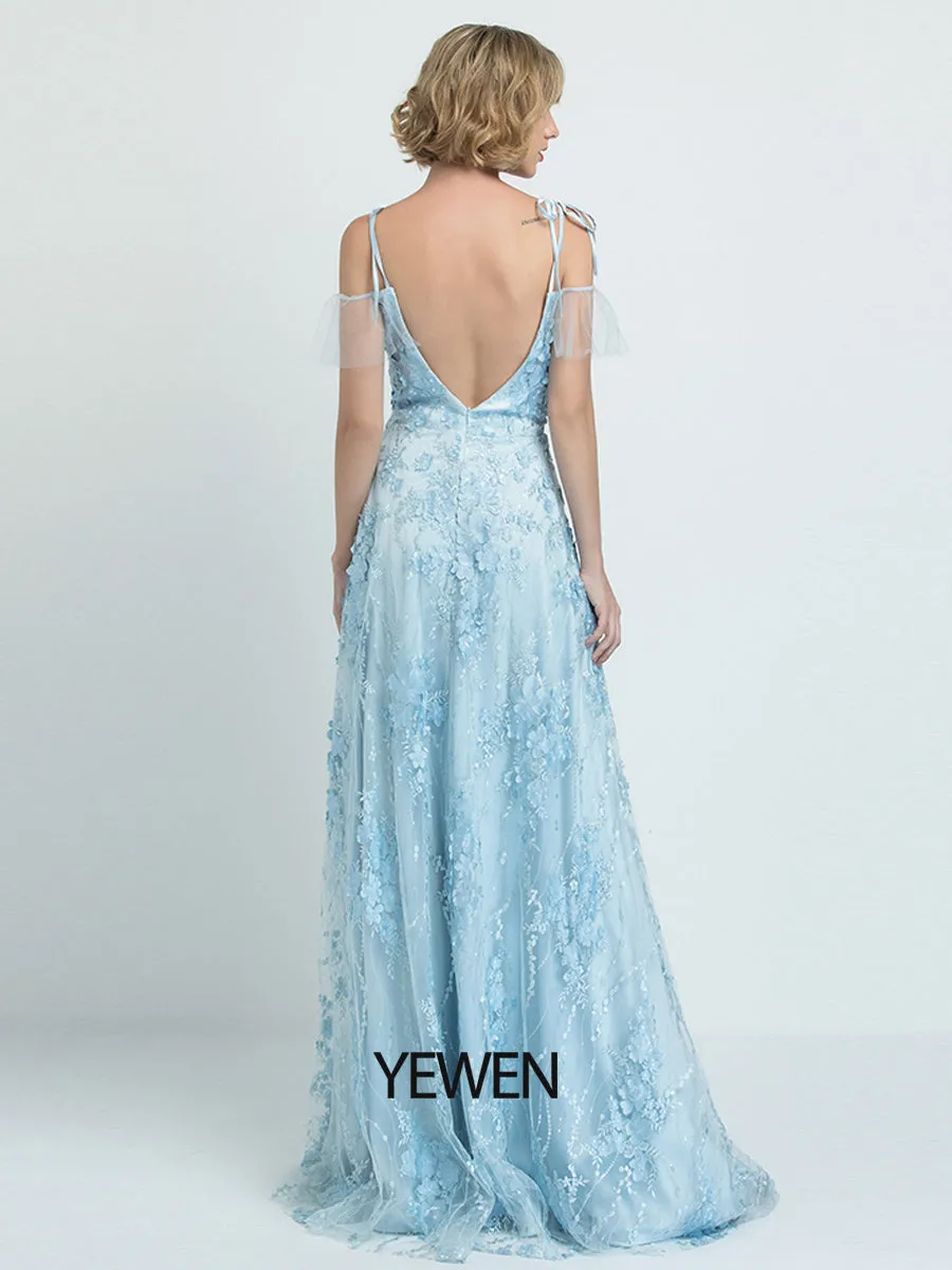 Blue Sweatheart Neckline Floral Prom Dress Floor Length Tulle Dress 2024