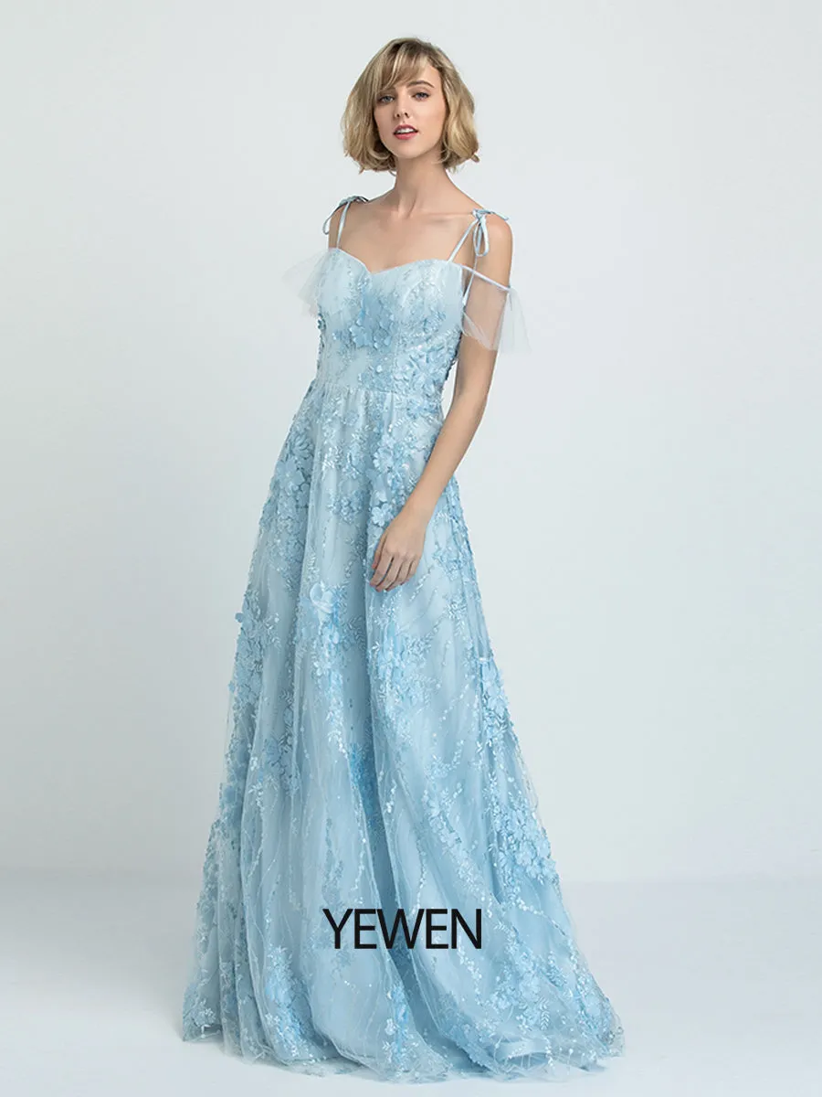Blue Sweatheart Neckline Floral Prom Dress Floor Length Tulle Dress 2024