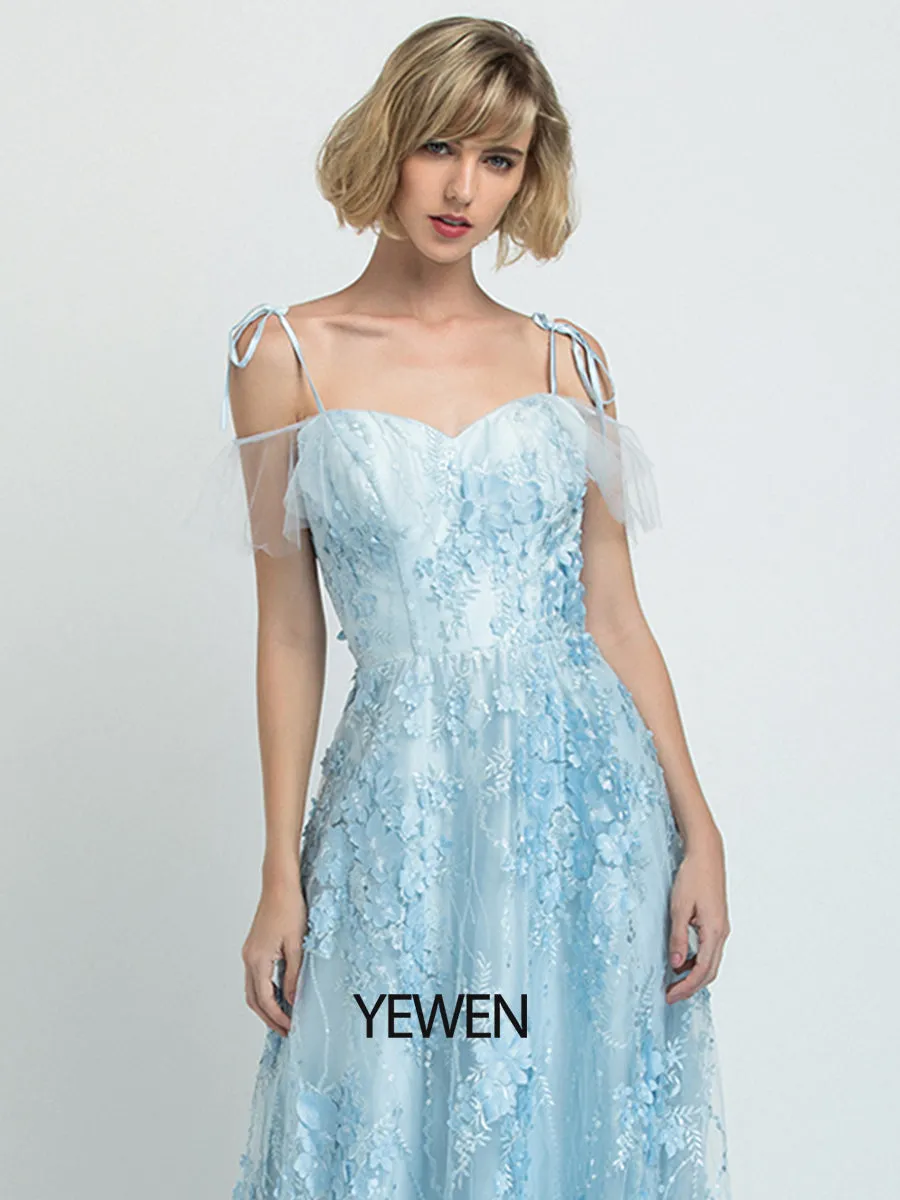Blue Sweatheart Neckline Floral Prom Dress Floor Length Tulle Dress 2024