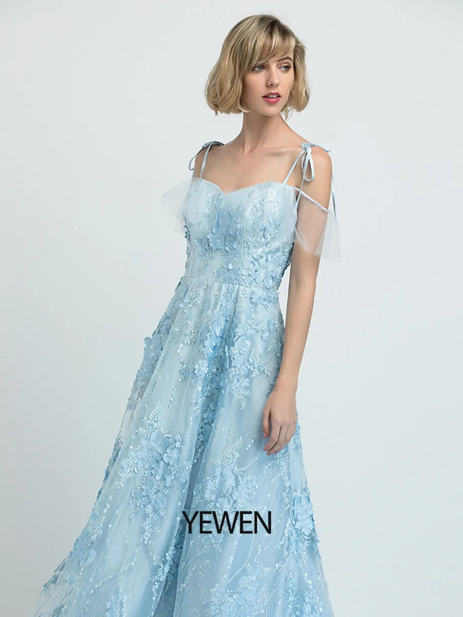 Blue Sweatheart Neckline Floral Prom Dress Floor Length Tulle Dress 2024