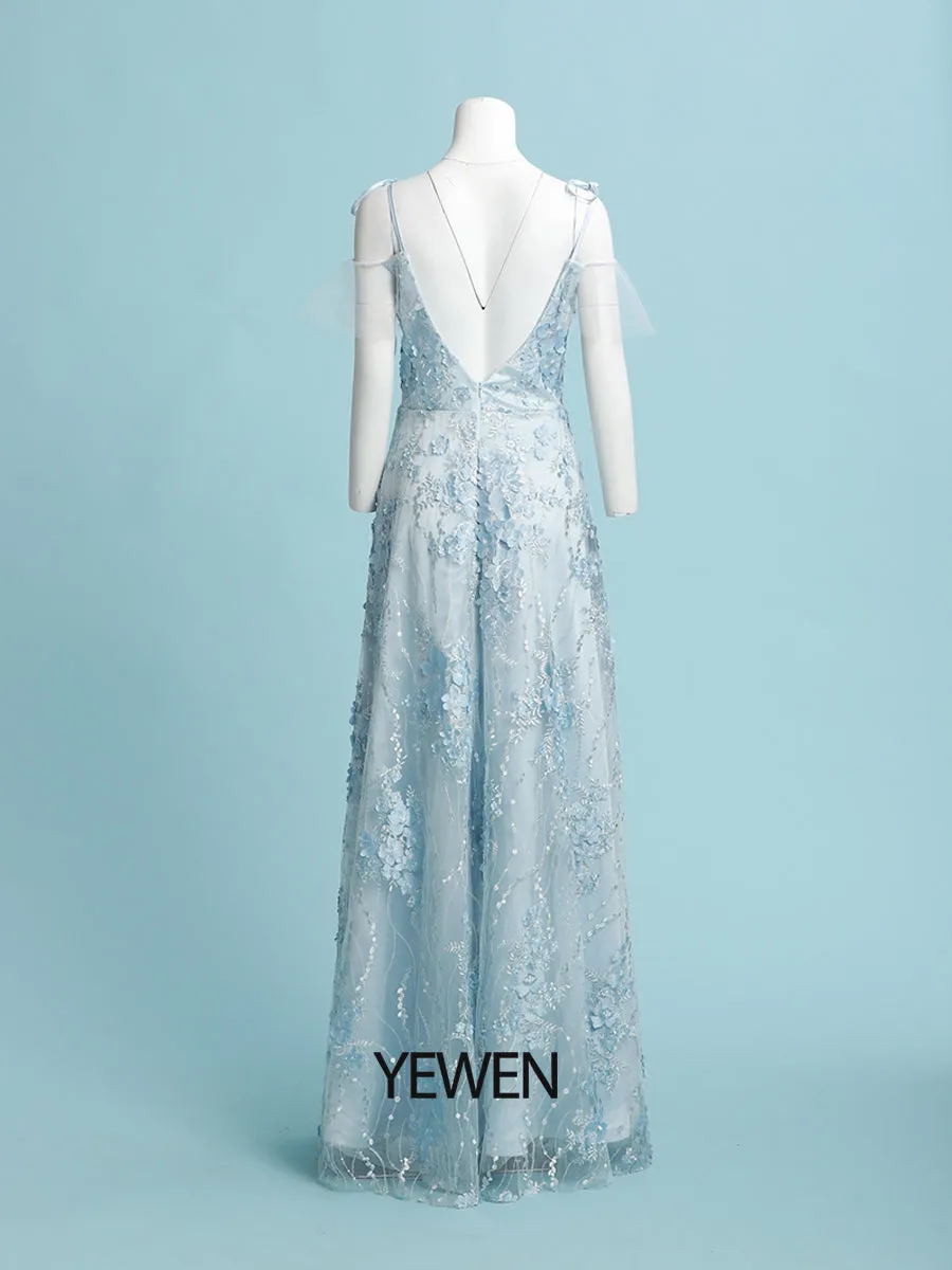 Blue Sweatheart Neckline Floral Prom Dress Floor Length Tulle Dress 2024