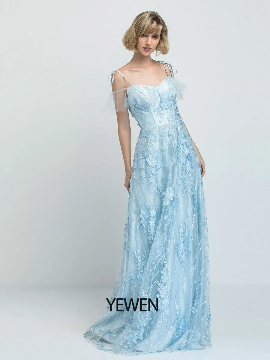 Blue Sweatheart Neckline Floral Prom Dress Floor Length Tulle Dress 2024