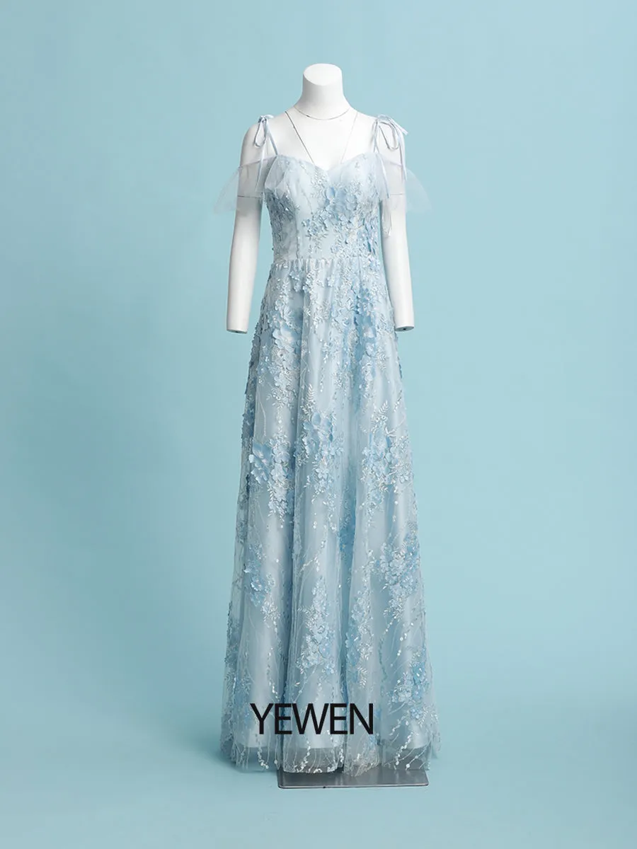 Blue Sweatheart Neckline Floral Prom Dress Floor Length Tulle Dress 2024