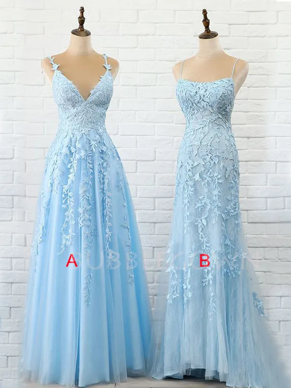 Blue Tulle Applique Lace Long Evening Prom Dresses, Cheap Prom Dress, MR7649
