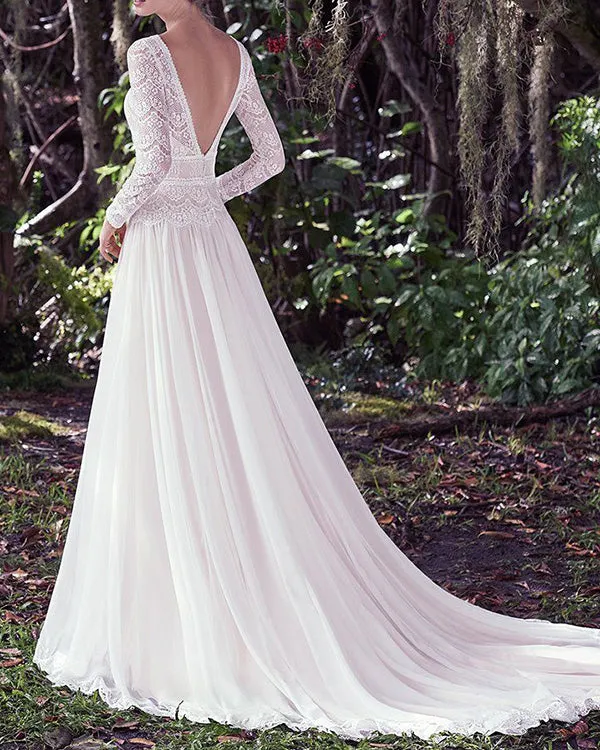 Boho 2019 Lace Wedding Dresses Long Sleeve Beach Wedding Gown Backless
