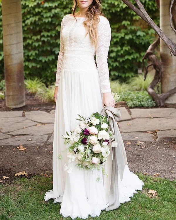 Boho 2019 Lace Wedding Dresses Long Sleeve Beach Wedding Gown Backless