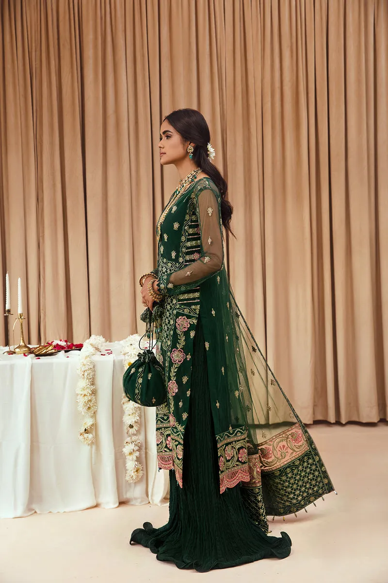 Bottle Green Embroidered Open Gown Style Pakistani Wedding Dress