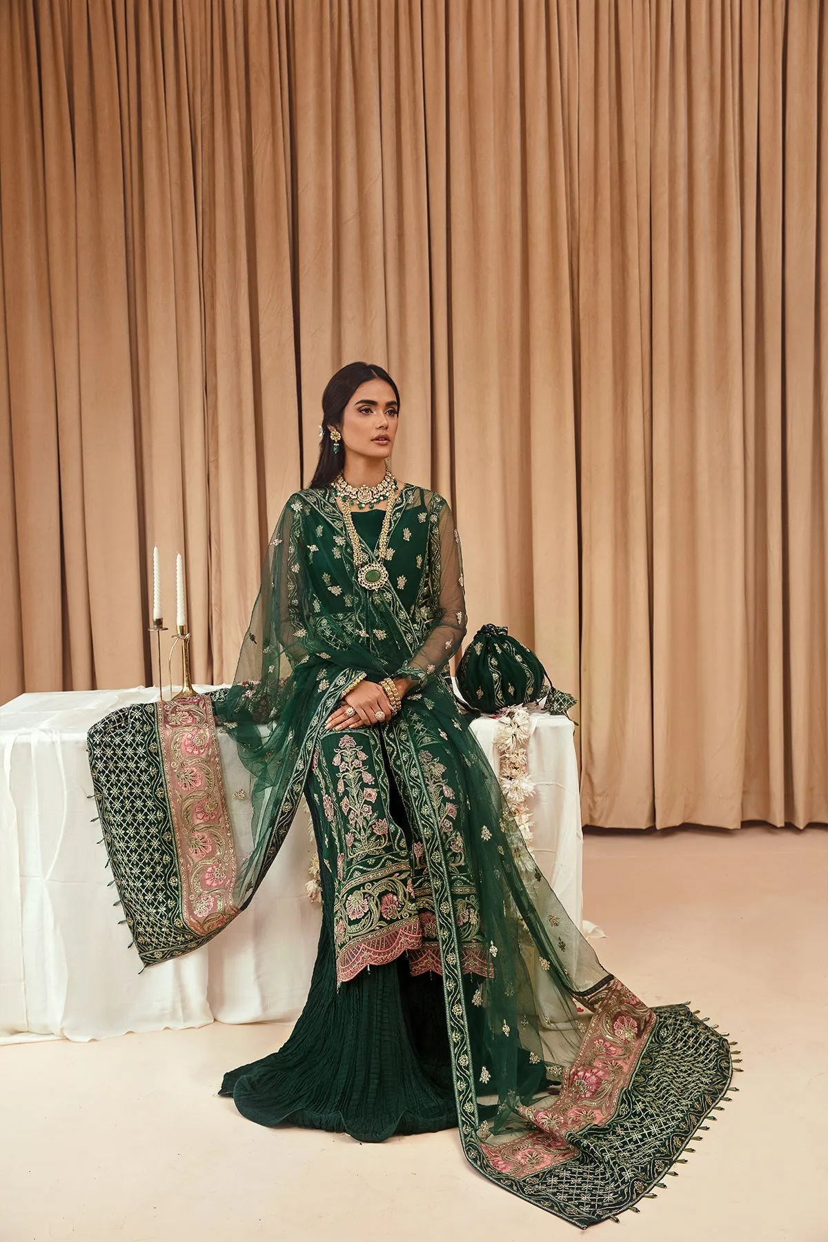 Bottle Green Embroidered Open Gown Style Pakistani Wedding Dress