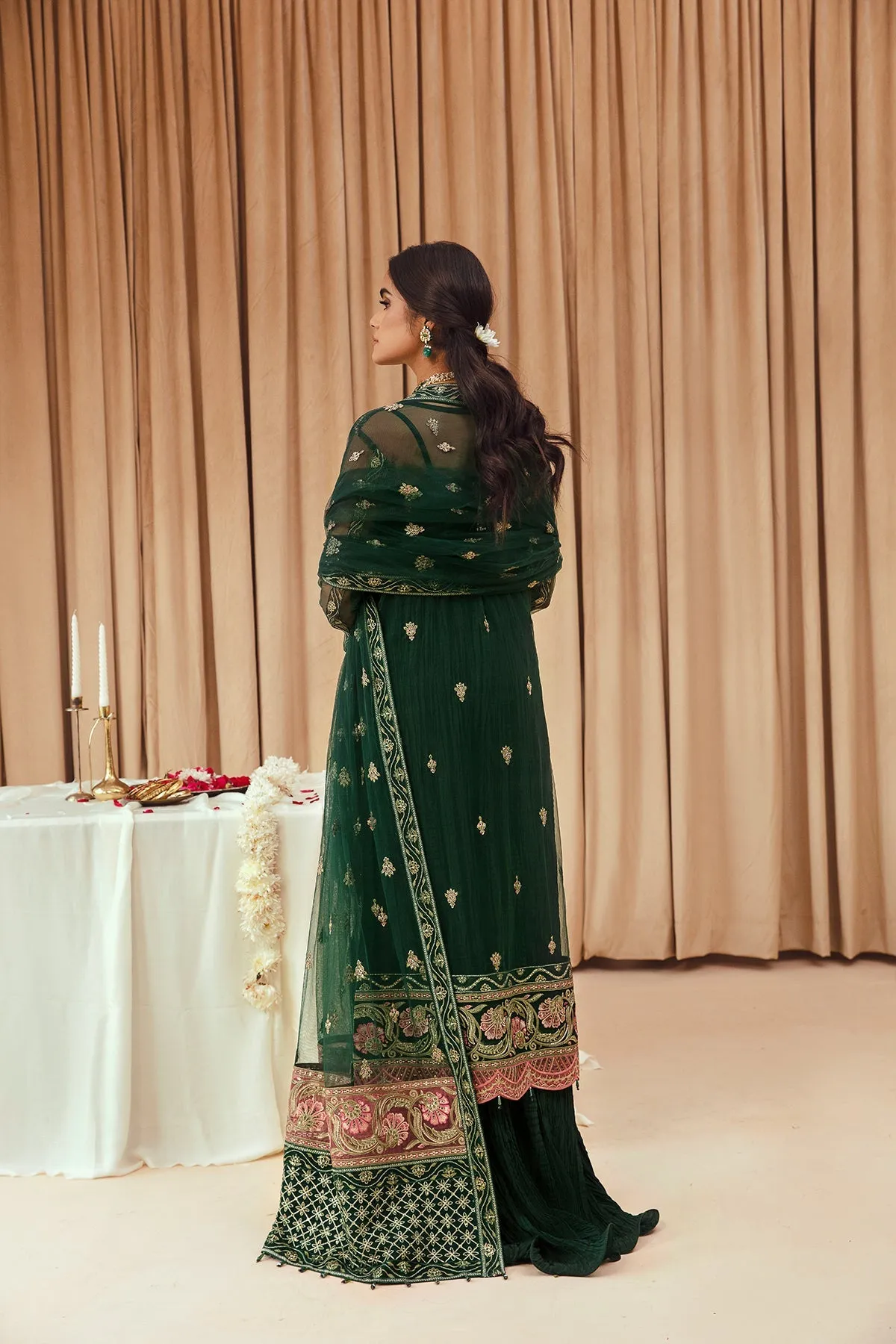 Bottle Green Embroidered Open Gown Style Pakistani Wedding Dress