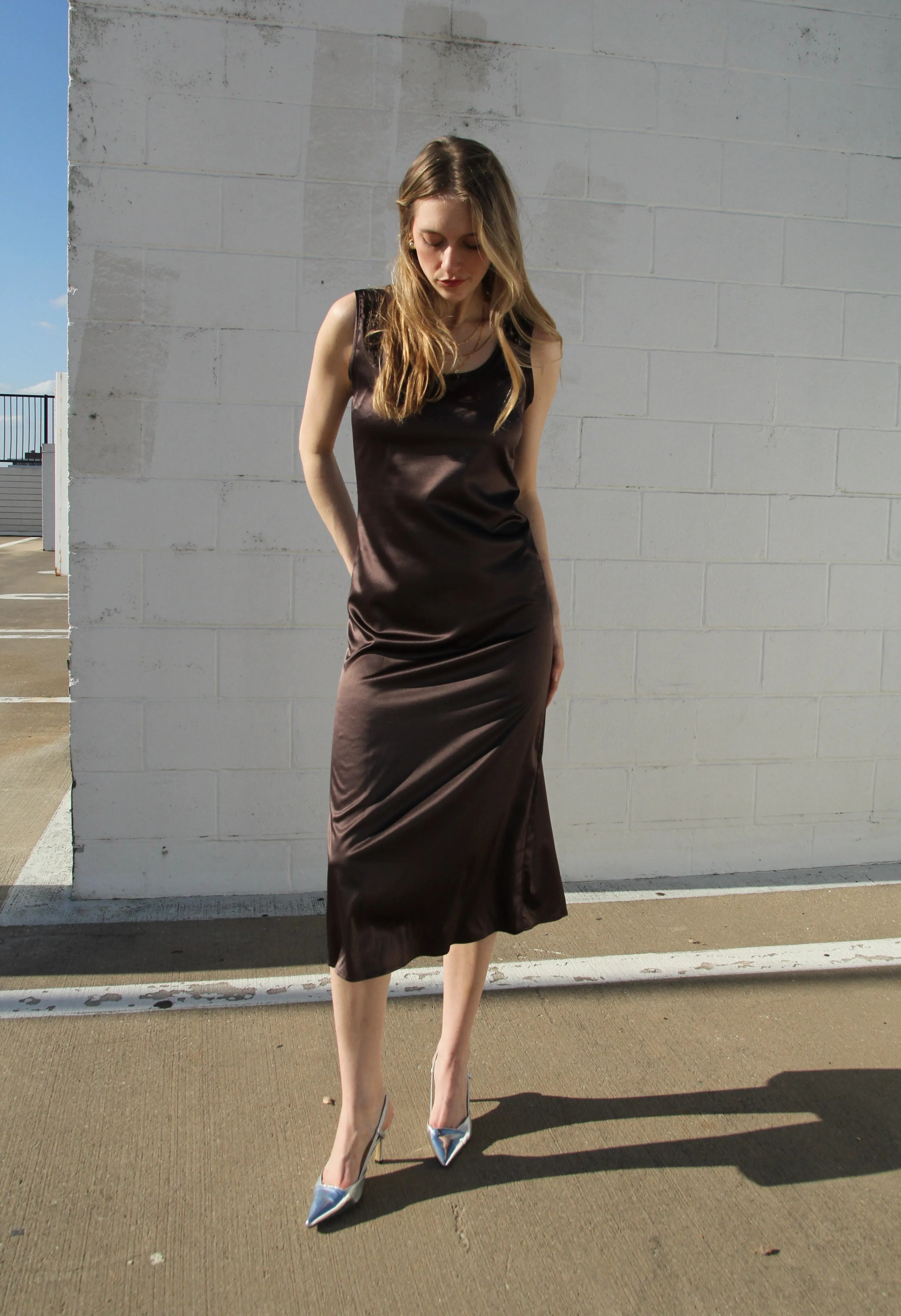 Brown Draped Satin Dress