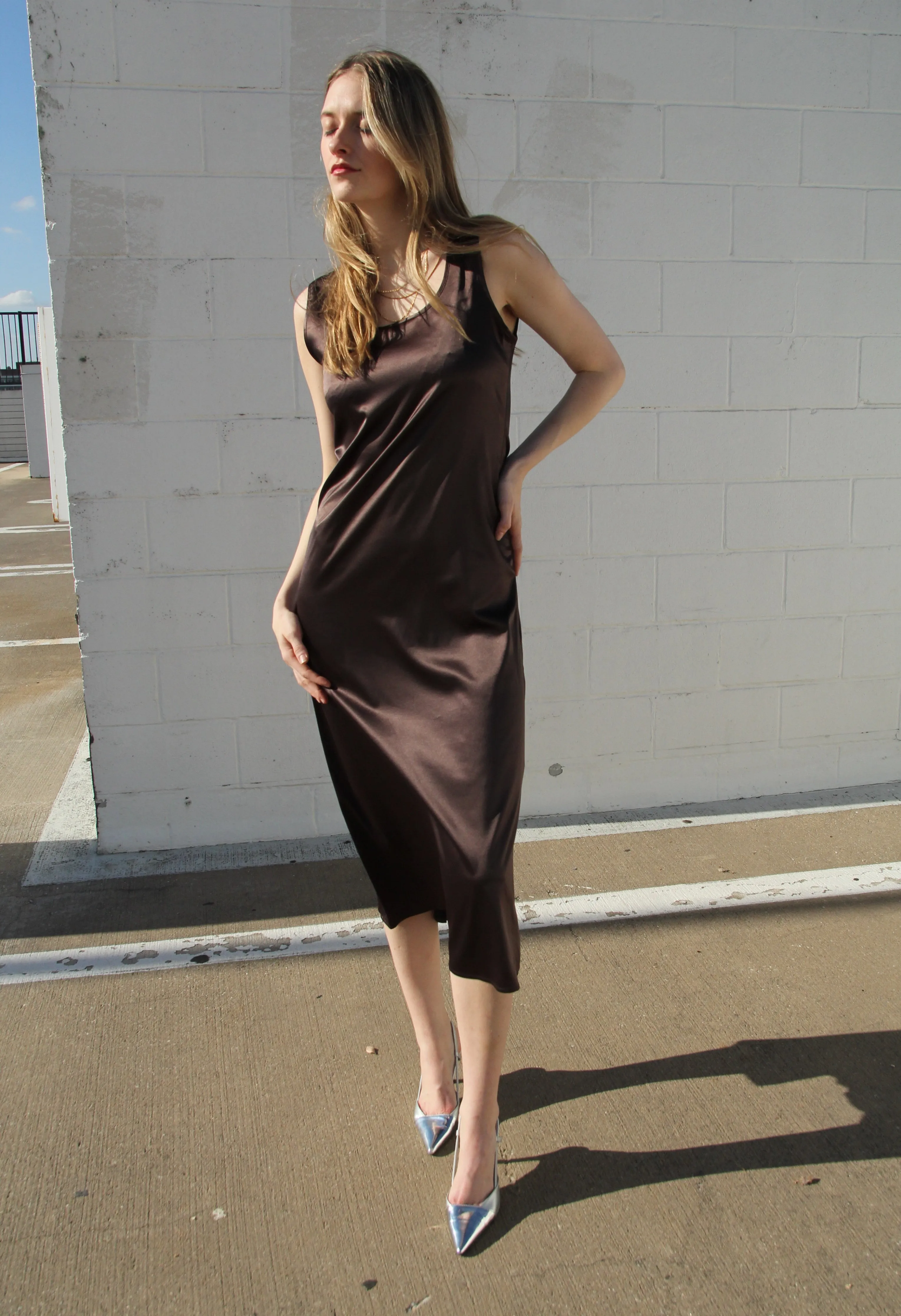 Brown Draped Satin Dress